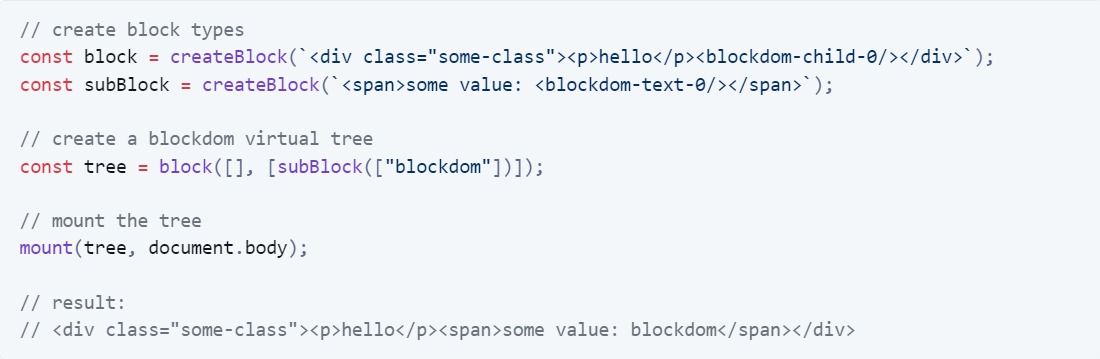 ตัวอย่างการใช้ BlockDOM มีการนำคำ BlockDOM ที่เราส่งไปตอนเรียก subBlock จะไปแทนที่ <blockdom-text-0/>และตัว subBlock จะไปแทนที่ใน Block ที่ <blockdom-child-0/> อีกที โดยที่ไม่ได้มีการประกาศเป็น node เลย
