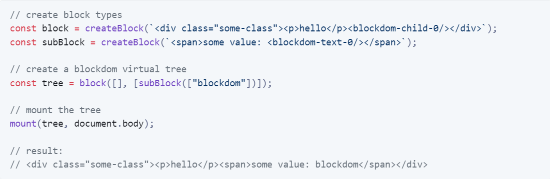 มีการนำคำ BlockDOM ที่เราส่งไปตอนเรียก subBlock จะไปแทนที่ <blockdom-text-0/>และตัว subBlock จะไปแทนที่ใน Block ที่ <blockdom-child-0/> อีกที โดยที่ไม่ได้มีการประกาศเป็น node เลย